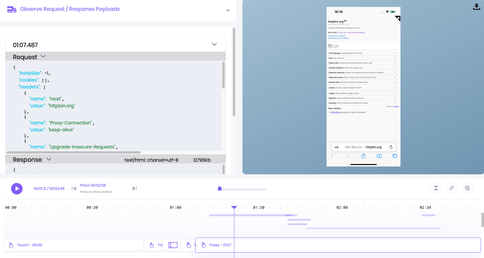 Select Request or Response dropdown to see more details