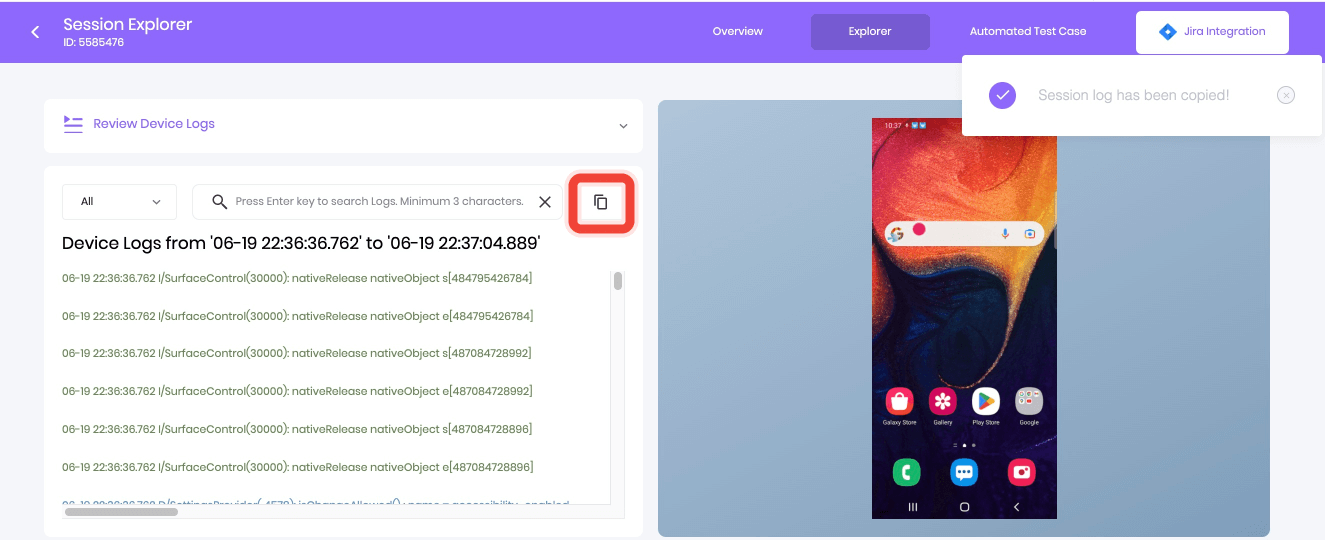A current log is copied in Review Device Log