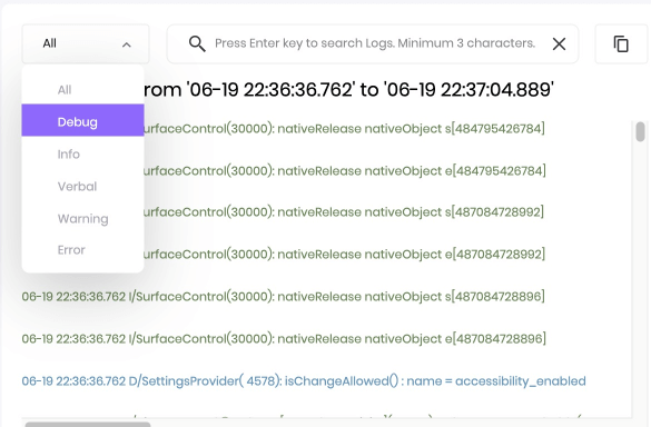 A closeup to the filter of Review Device Log feature
