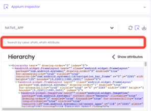 A closeup to search bar in the Appium Inspector