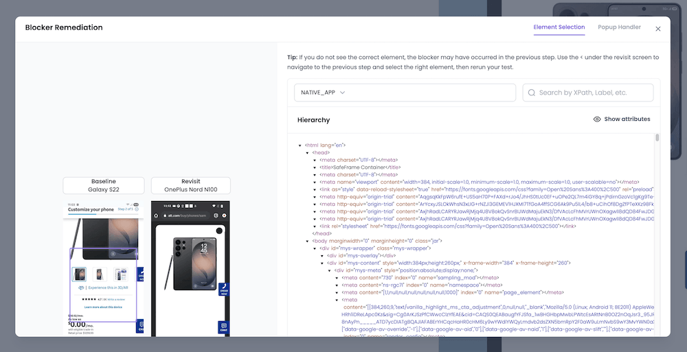 Blocker Remediation modal with Baseline and Revisit panels and navigation buttons