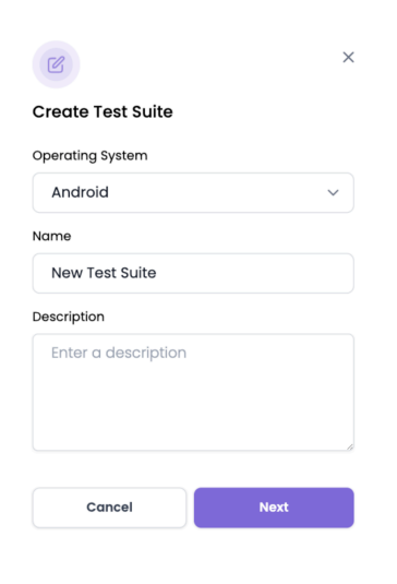 Diaglog box for the Create Test Suite action. Reuires the selection of operating system, name of the test suite, and an optional description