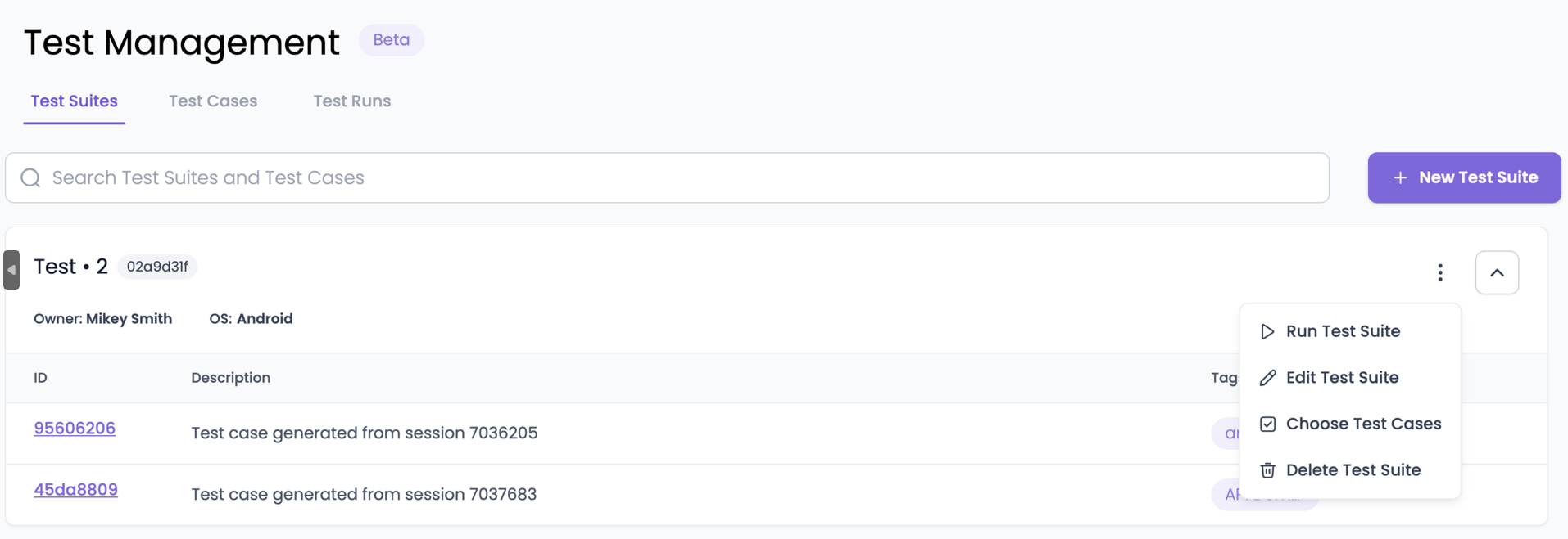 Manages test suite by clicking the three dots