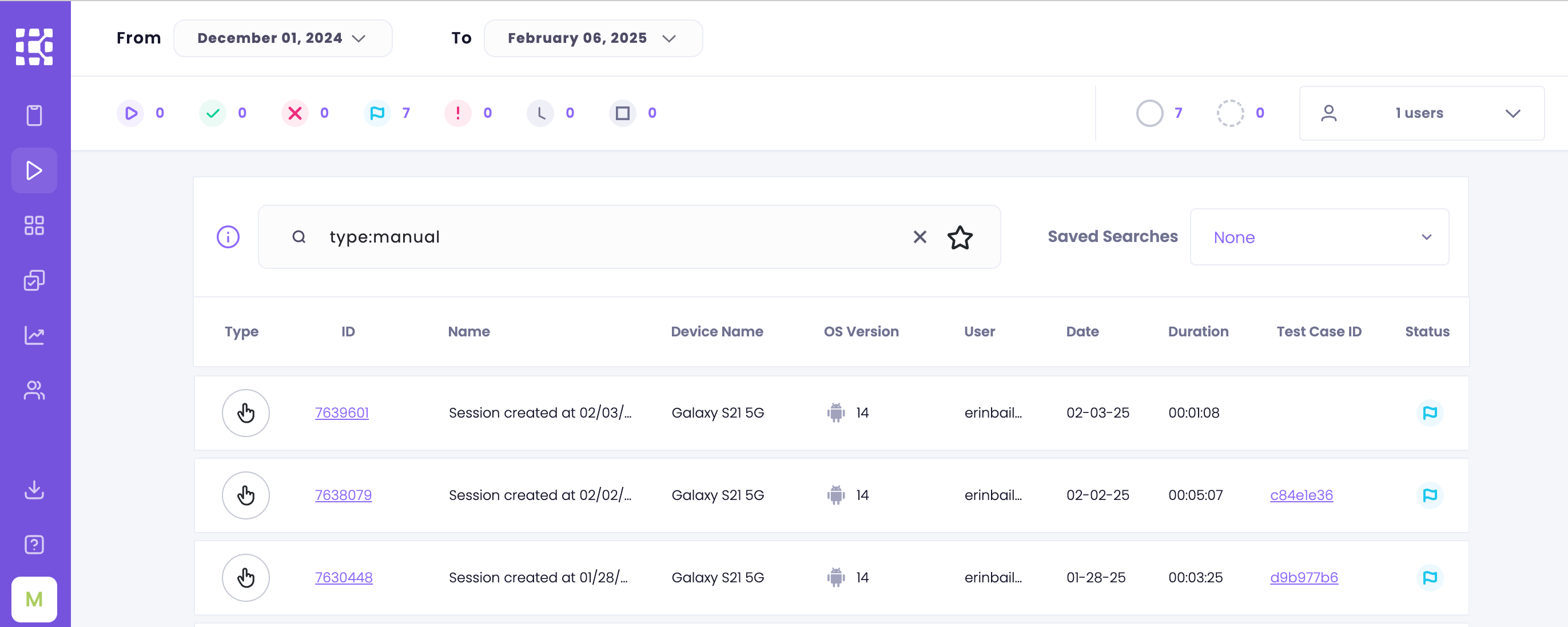Search for a session and select test case link