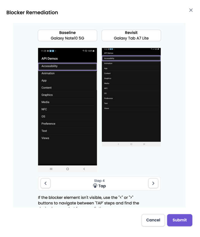 Blocker Remediation popup with Baseline and Revisit screens