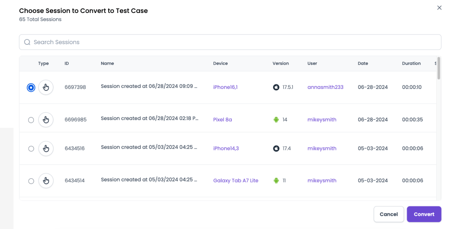 Select a session from the list to convert