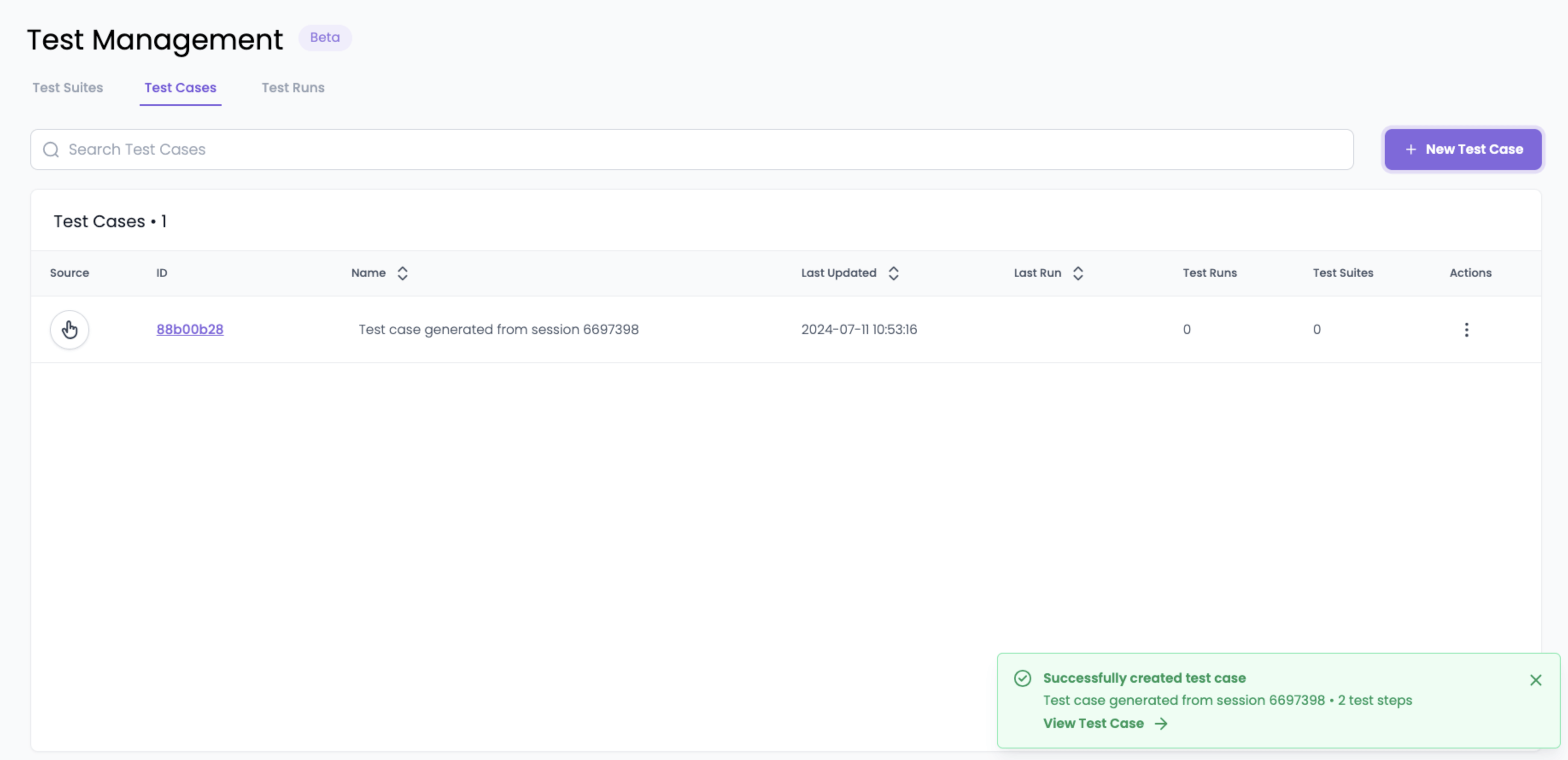 The test case list with the test case conversion success message