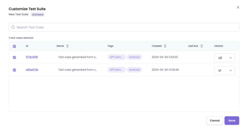 For the given Test Suite, select or deselect test cases and version that you want to run