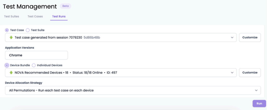 Selecting the Run option to create and execute the test run