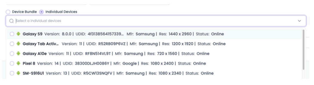 Dropdown list of individual devices for selection