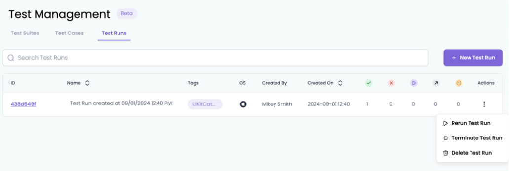 Managing test runs via the Test Run page