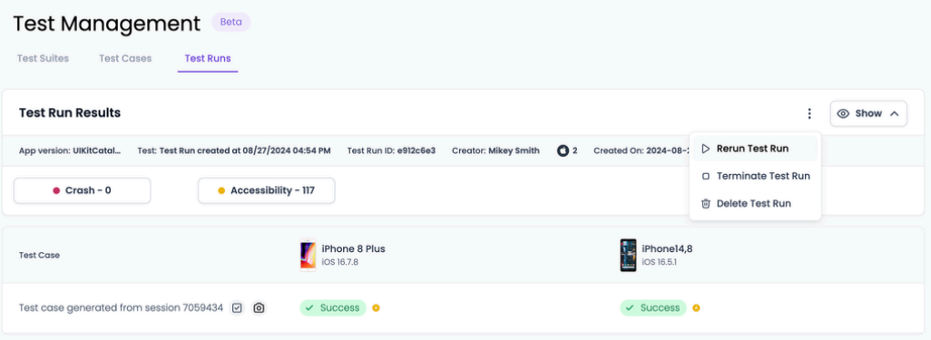 Rerunning a test run via the Test Run Results page
