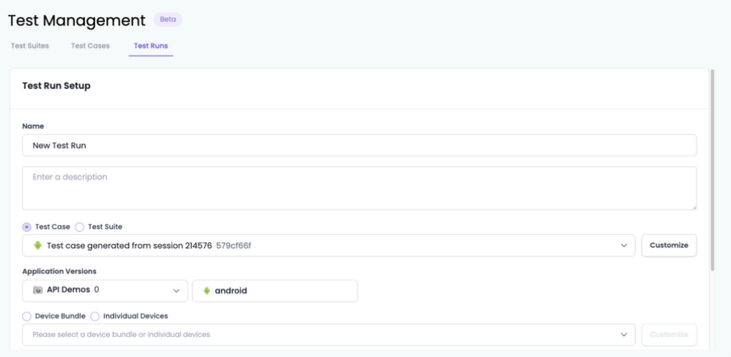 The Test Run Setup screen is displayed in Test Management section
