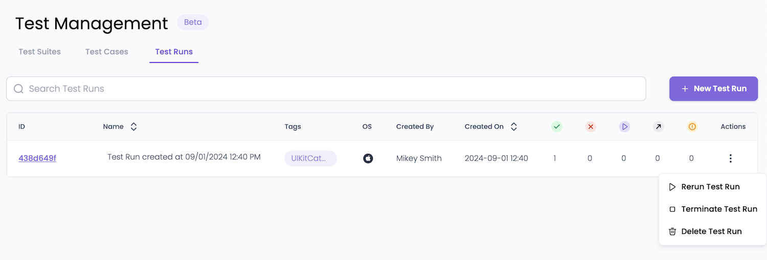 Test Run list with the per-row action menu open showing Rerun, Terminate, and Delete