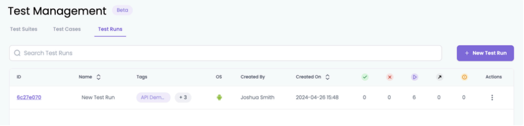 Selecting the test run ID from the Test Runs page