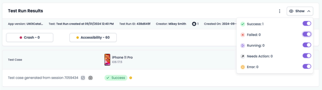 Filtering the revisit executions by status via the Show button