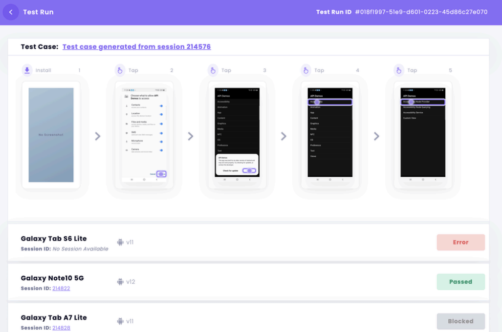 Viewing the camera roll to compare the steps of the test case with the steps executed during each test run session