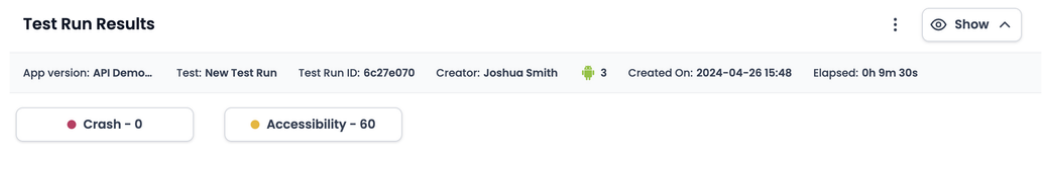 A view of the details on the Test Run Results page