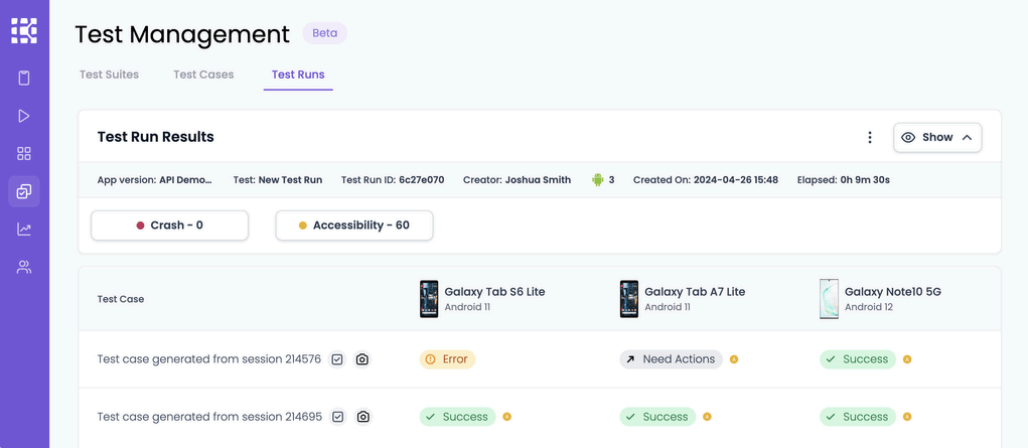 A view of the Test Run Results page