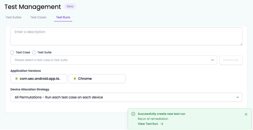 Selecting the View Test Run options from the success notification popup